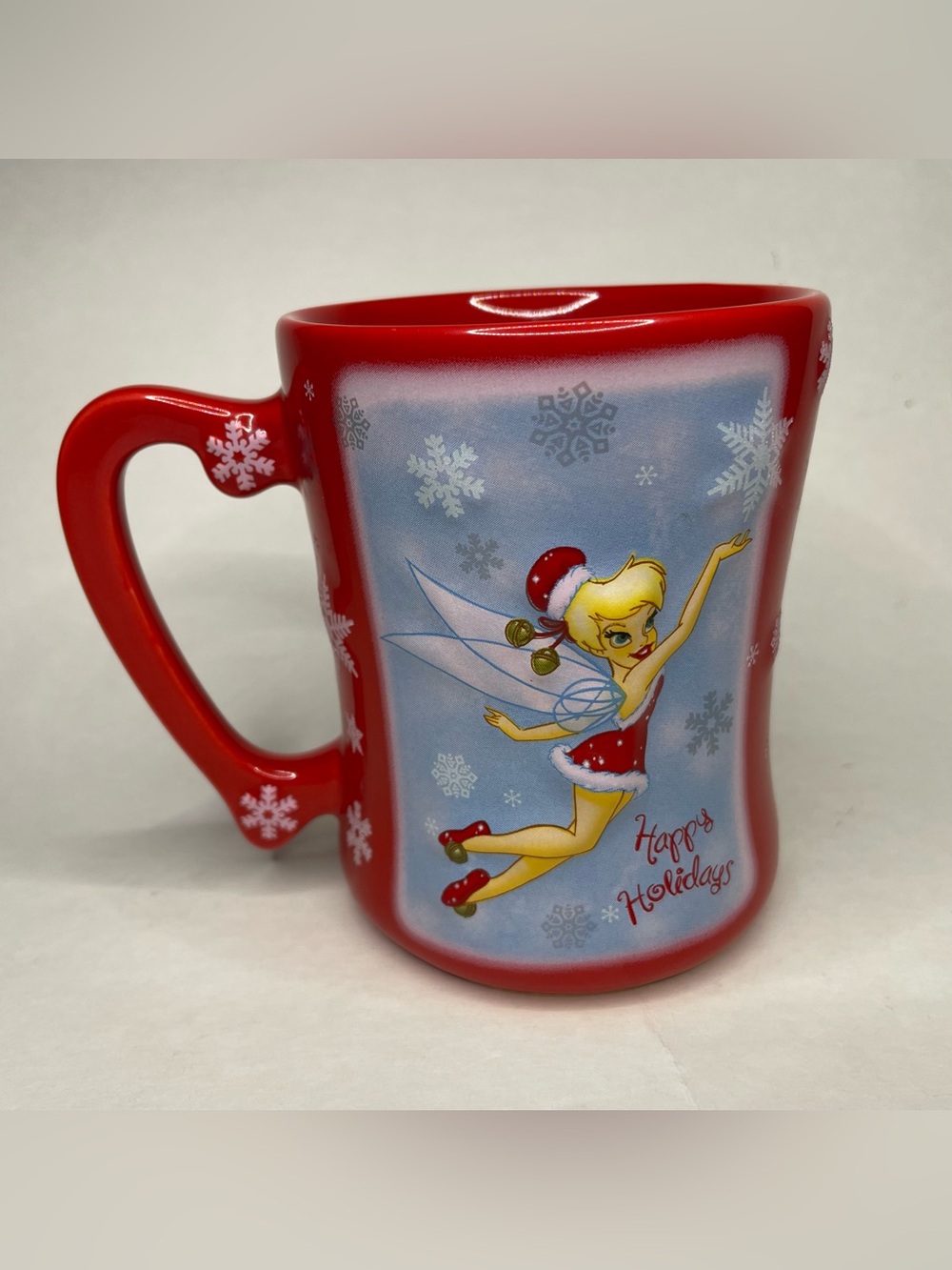 Retired Disney 3D Tinkerbell Happy Holidays Glitter Snowflake Mug Textured 12 OZ